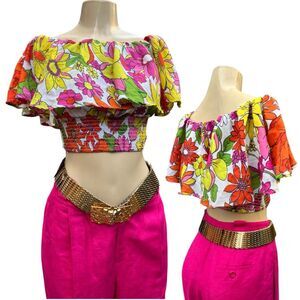 Vintage 70s Style Floral Off Shoulder Crop Top Festival Size M / L